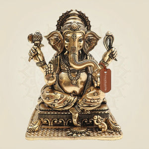 Premium Brass Ganesha on Singhasan Idol 6" with Royal Seating - Luxeartisanship