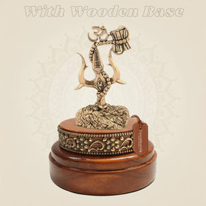3.75" Brass Trishul with Damru & Om on Round Wooden Base for Shiva Pooja - Luxeartisanship