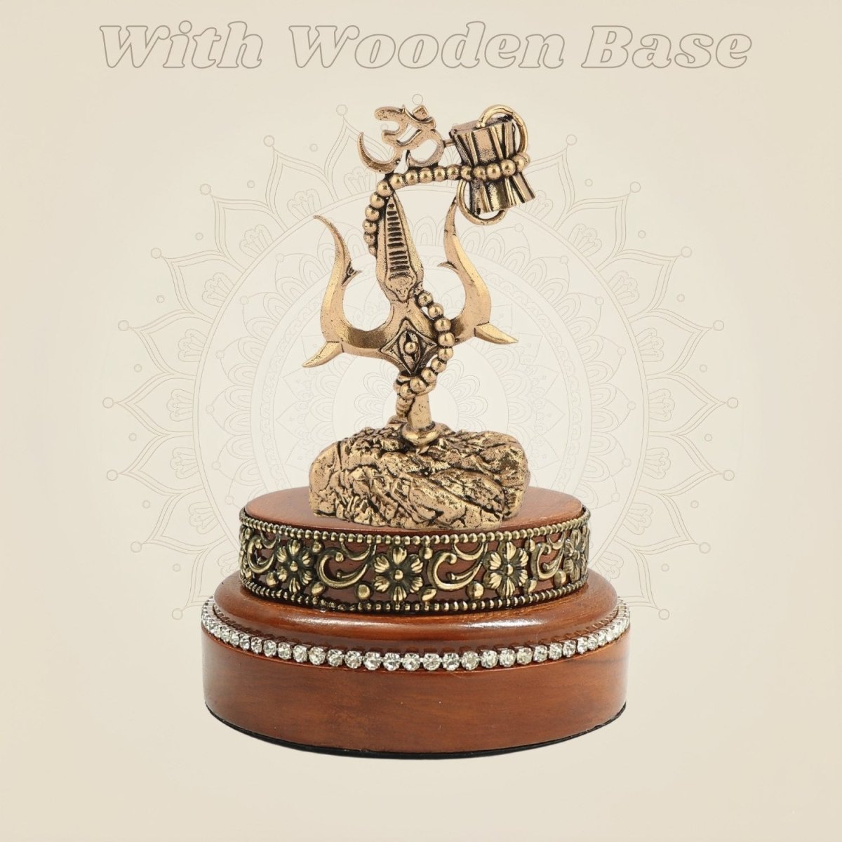 3.75" Brass Trishul with Damru & Om on Round Wooden Base for Shiva Pooja - Luxeartisanship