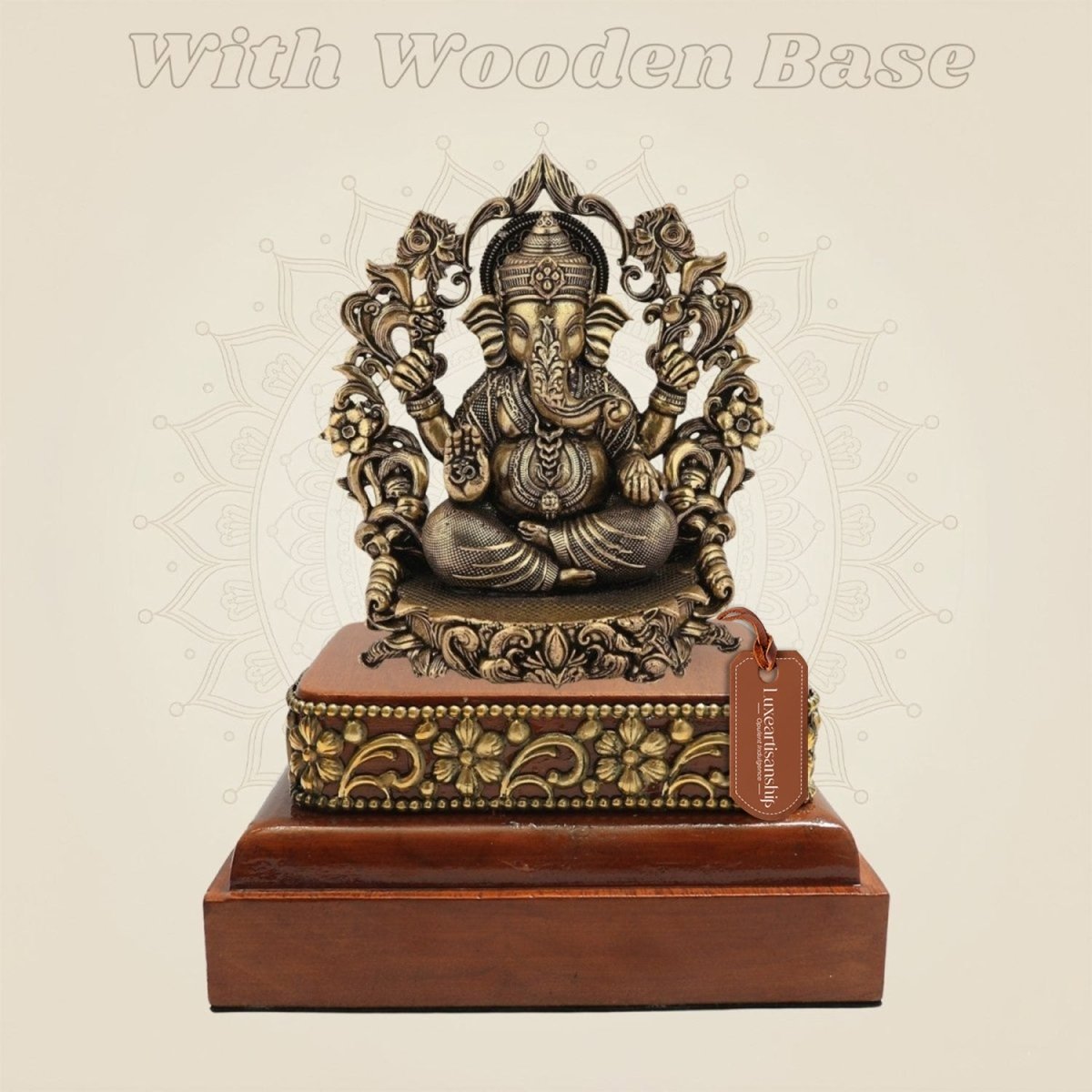 3.75" Lord Ganesha Darbar Brass Idol on Square Wooden Base for Pooja - Luxeartisanship
