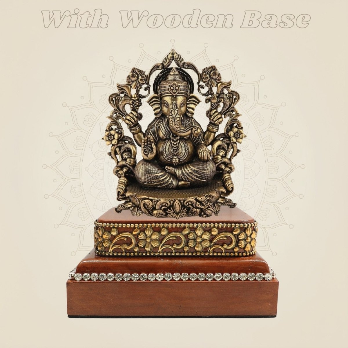 3.75" Lord Ganesha Darbar Brass Idol on Square Wooden Base for Pooja - Luxeartisanship