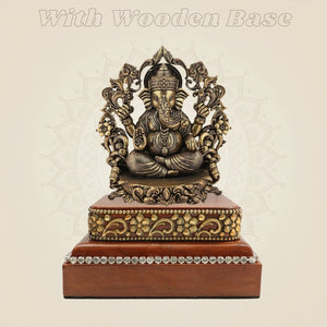 3.75" Lord Ganesha Darbar Brass Idol on Square Wooden Base for Pooja - Luxeartisanship
