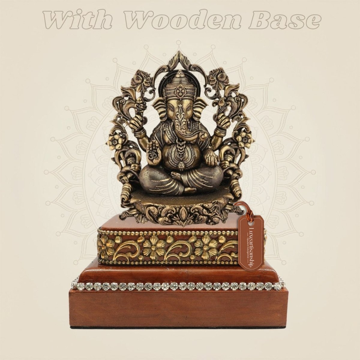 3.75" Lord Ganesha Darbar Brass Idol on Square Wooden Base for Pooja - Luxeartisanship