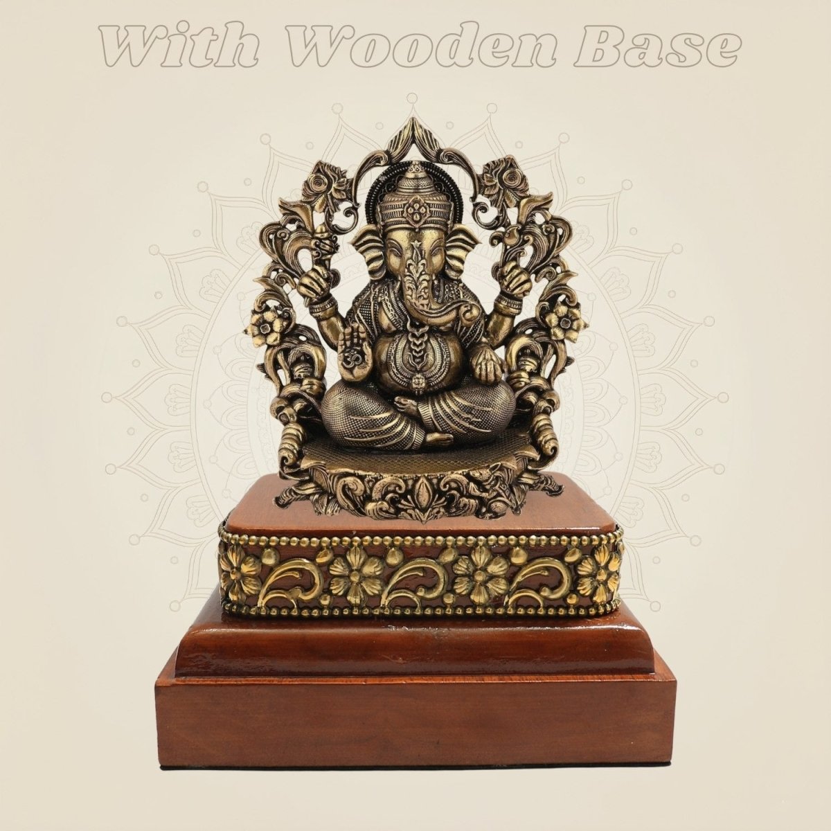 3.75" Lord Ganesha Darbar Brass Idol on Square Wooden Base for Pooja - Luxeartisanship