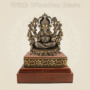 3.75" Lord Ganesha Darbar Brass Idol on Square Wooden Base for Pooja - Luxeartisanship