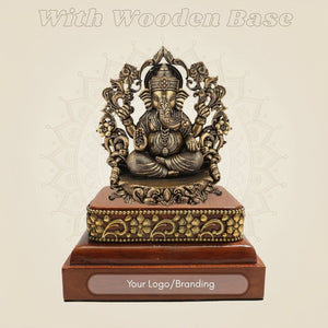 3.75" Lord Ganesha Darbar Brass Idol on Square Wooden Base for Pooja - Luxeartisanship