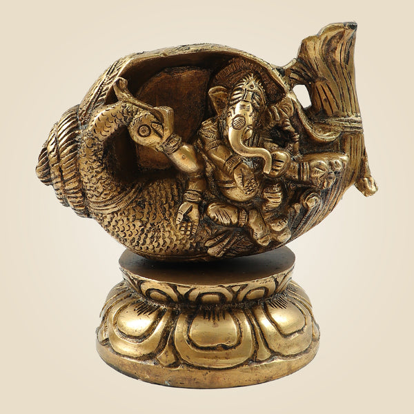 Divine Brass Ganesh Sitting in Shankh on Peacock Design Idol for Home Décor 5.5"