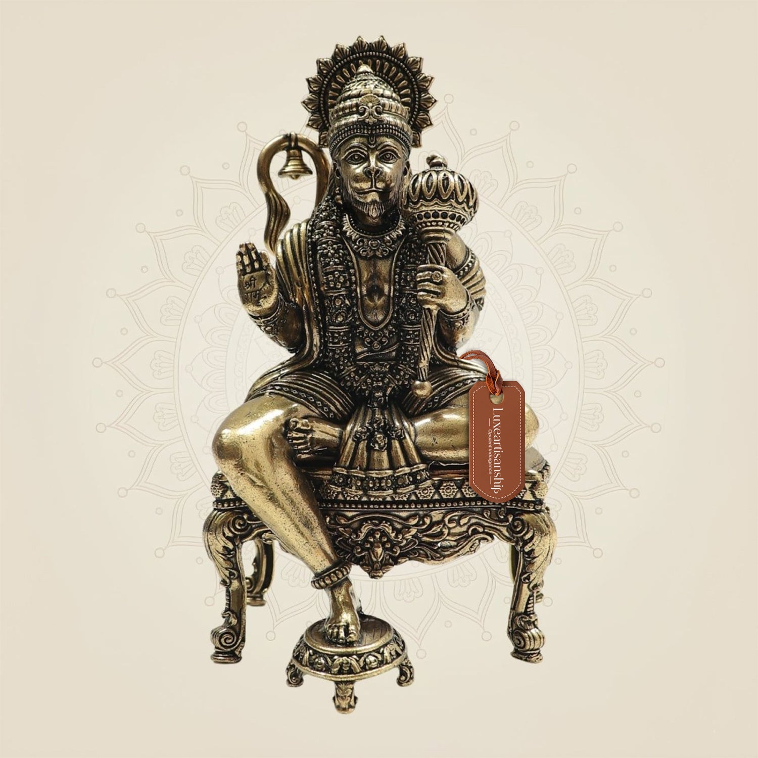 5.5" Brass Hanuman Sitting on Chowki – A Symbol of Devotion - Luxeartisanship