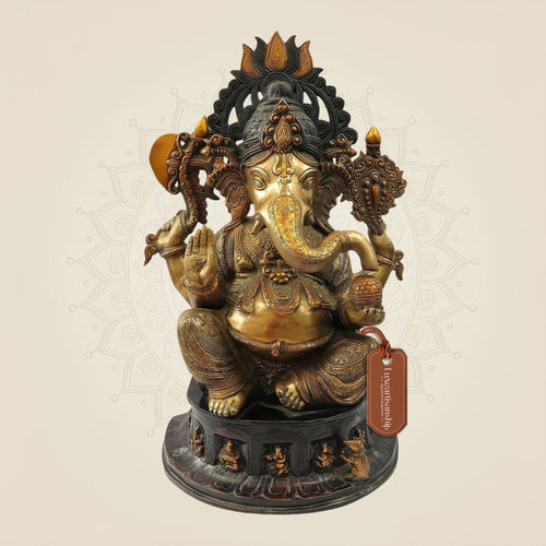 Seated Chaturbhuja Lord Ganesha Idol in Brass – Handmade Temple Statue 22.25"