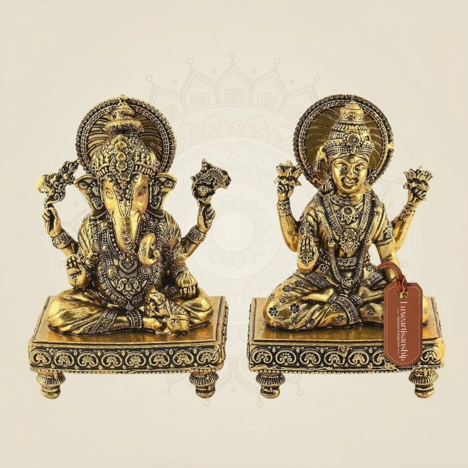 4" Laxmi Ganesh Brass Idol Pair – Handcrafted Platform Statues for Pooja & Gift Decor - Luxeartisanship