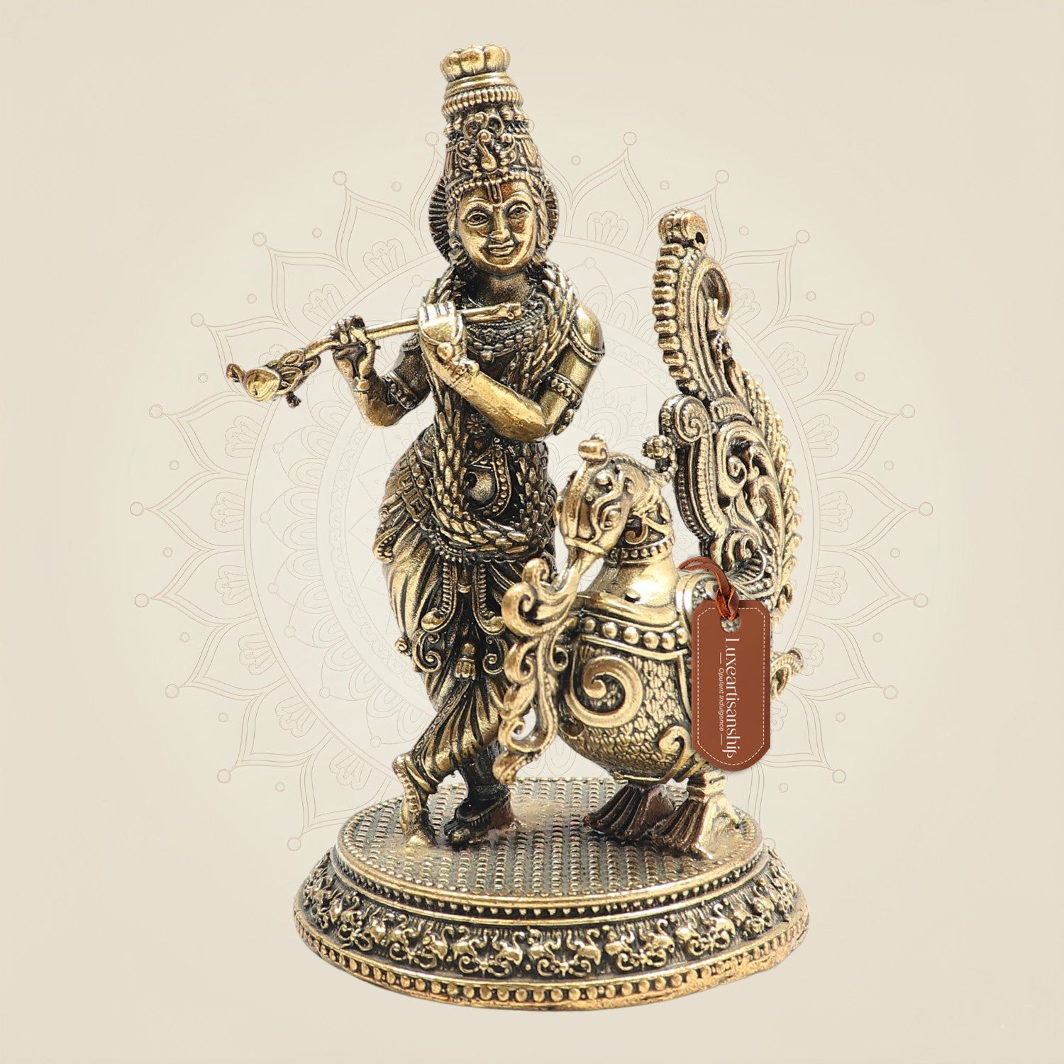 Lord Krishna Brass Idol with Peacock for Home Temple 5"