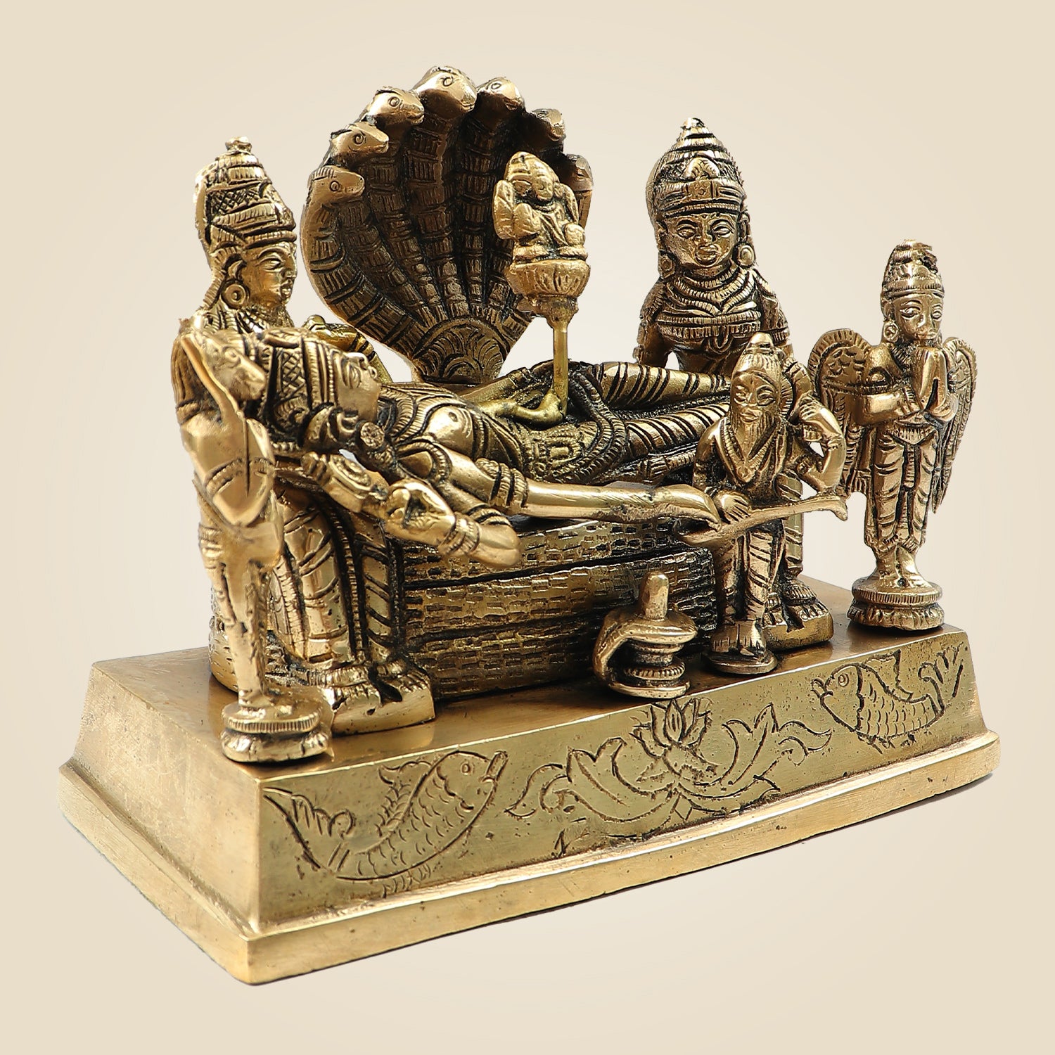 Brass Vishnu Parivar Idol – Vishnu with Brahma, Sridevi, Bhudevi, Garuda & Narad - 5.5"