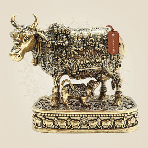 Kamdhenu Cow & Calf Idol • Divine Pure Brass Statue with Deities – 5.5"