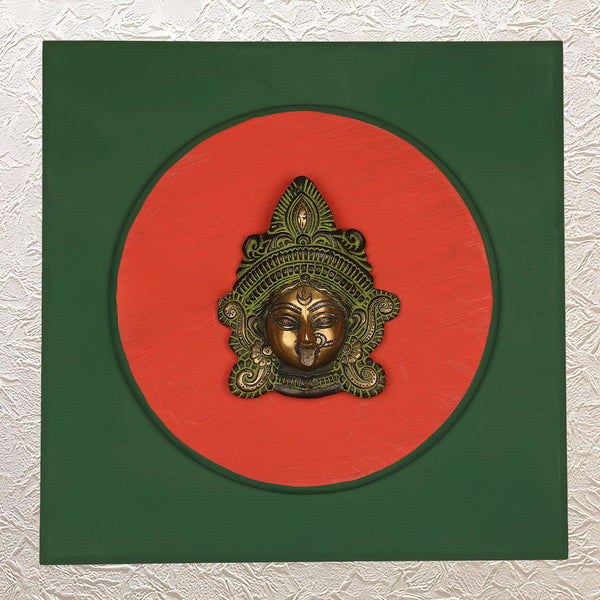 Brass Kali Maa Face: 16" Wooden Wall Frame - Handcrafted Spiritual Art