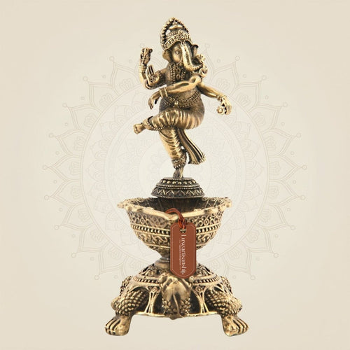 4" Brass Diya with Dancing Ganesha – Spiritual Oil Lamp for Puja & Decor