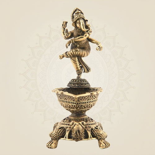 4" Brass Diya with Dancing Ganesha – Spiritual Oil Lamp for Puja & Decor