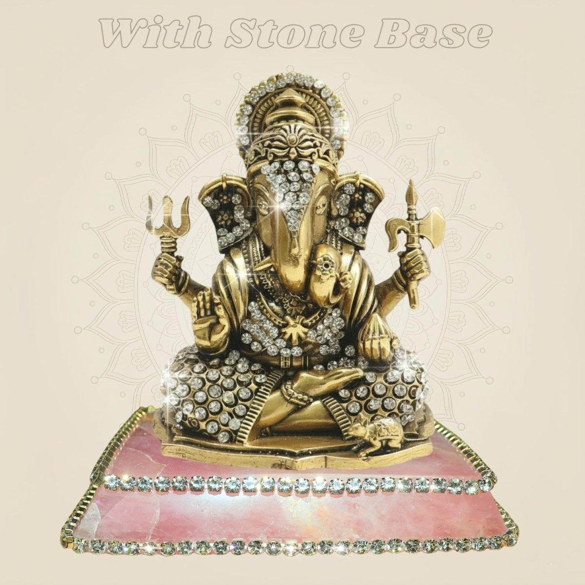 4" Brass Ganesha Statue in Fierce Form with Jewellery Stone Detailing - Luxeartisanship