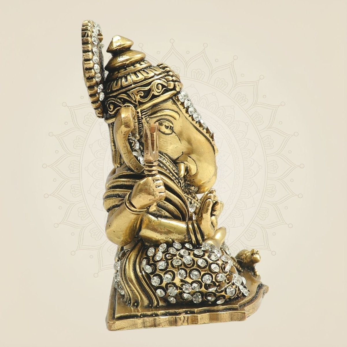 4" Brass Ganesha Statue in Fierce Form with Jewellery Stone Detailing - Luxeartisanship