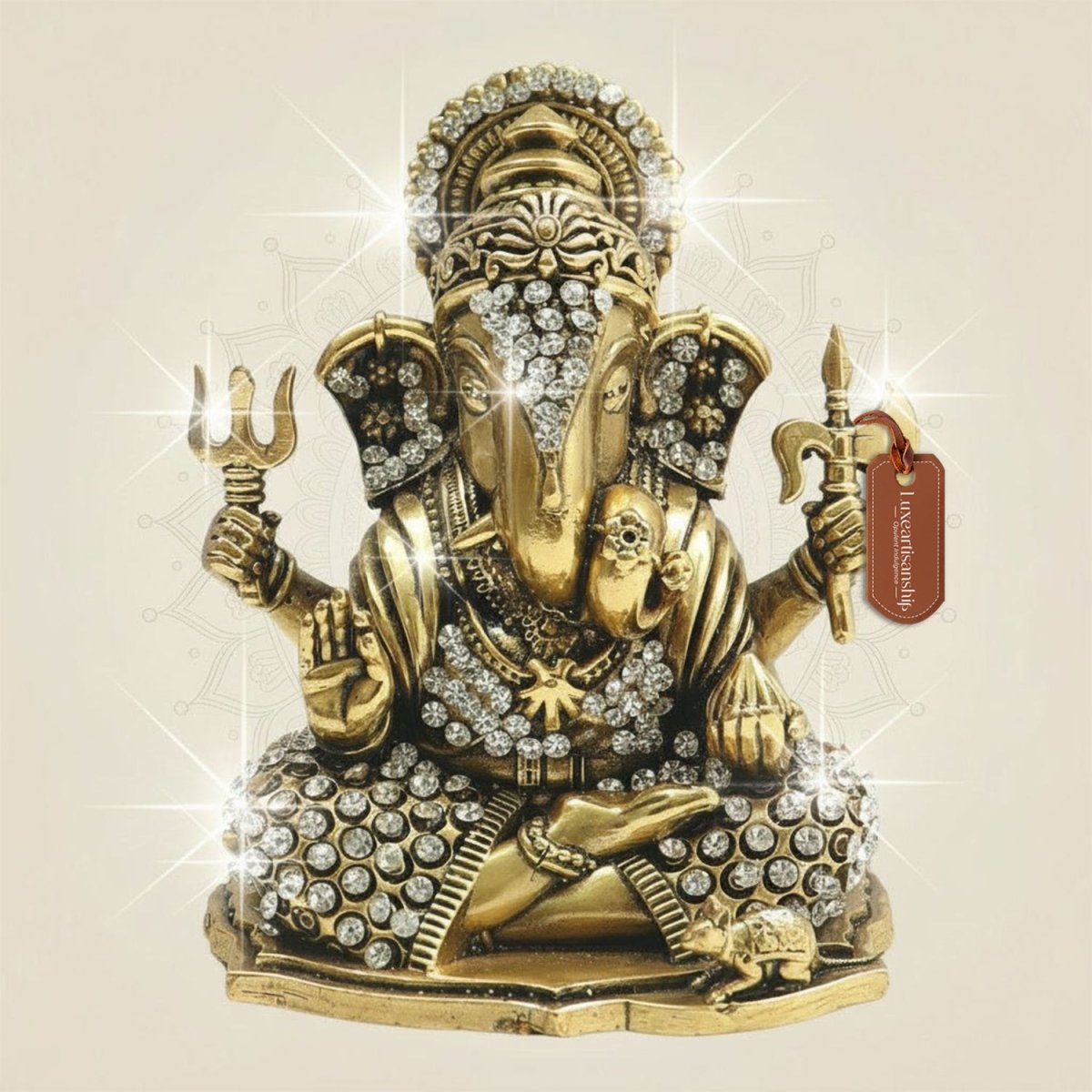 4" Brass Ganesha Statue in Fierce Form with Jewellery Stone Detailing - Luxeartisanship