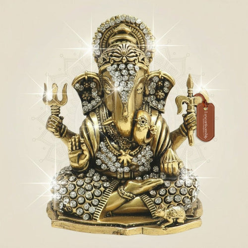 4" Brass Ganesha Statue in Fierce Form with Jewellery Stone Detailing