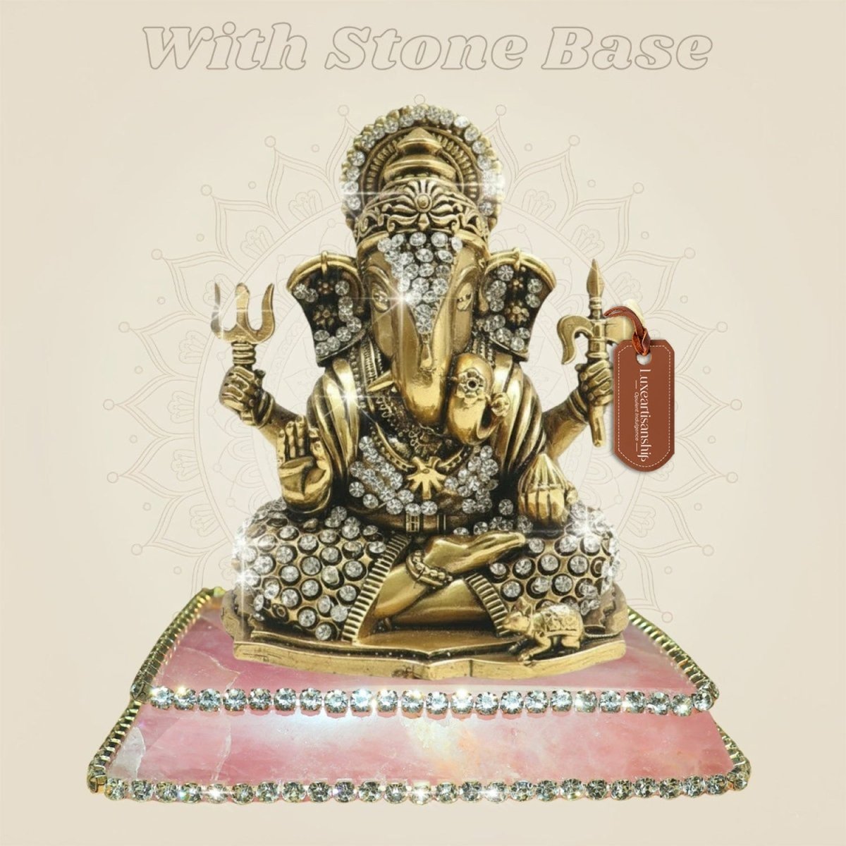 4" Brass Ganesha Statue in Fierce Form with Jewellery Stone Detailing - Luxeartisanship