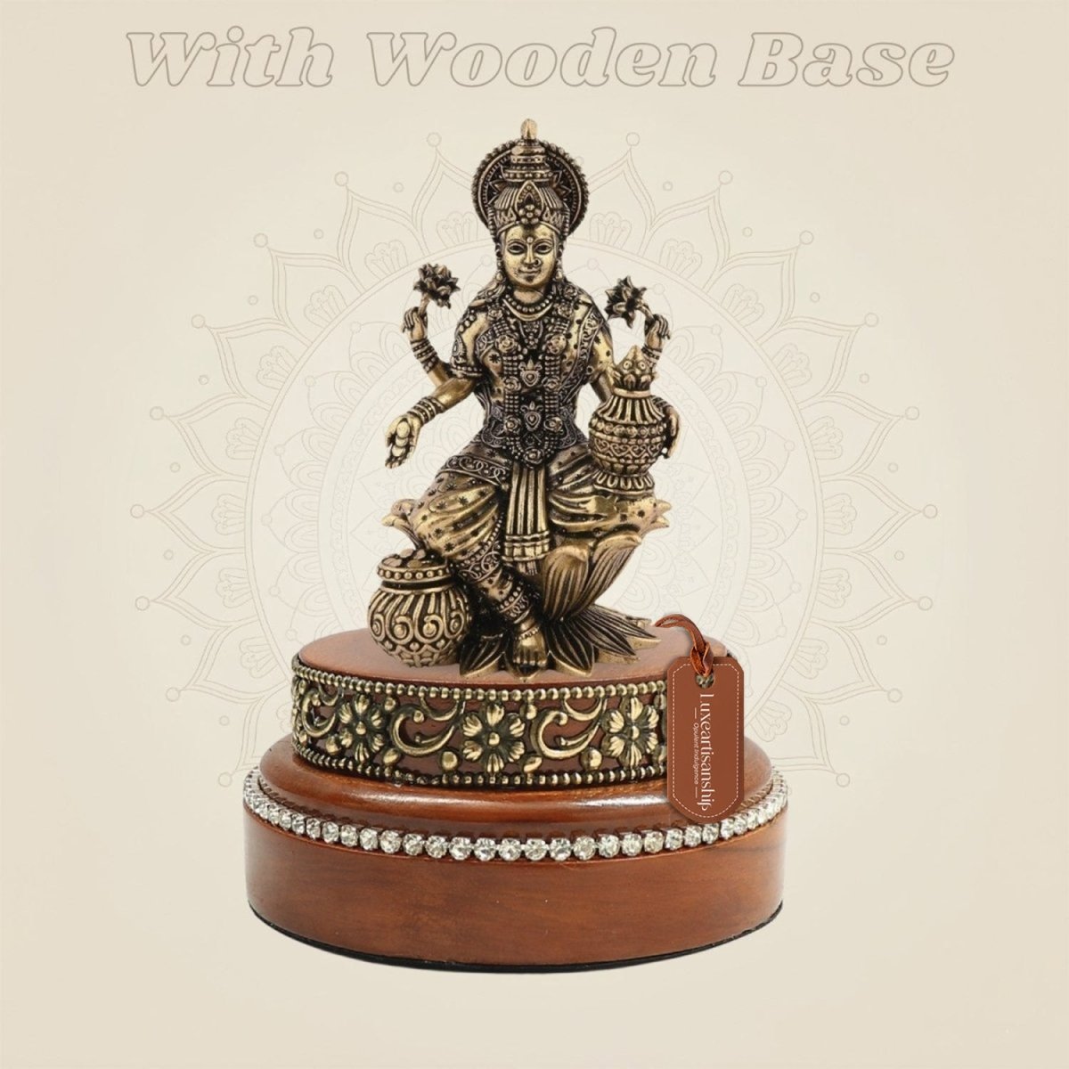 4" Brass Laxmi Idol with Round Wooden Base Decorative Statue - Luxeartisanship