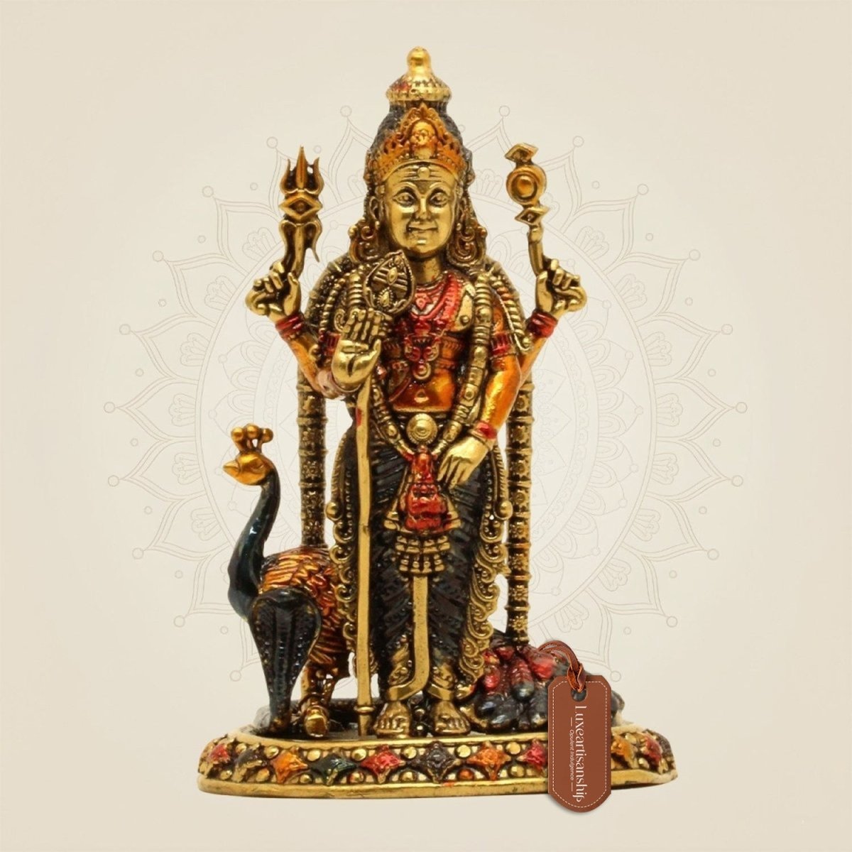 Brass Lord Kartikeya with Peacock Colored Idol