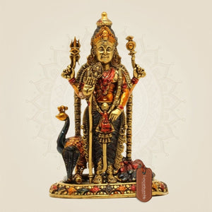 Brass Lord Kartikeya with Peacock Colored Idol