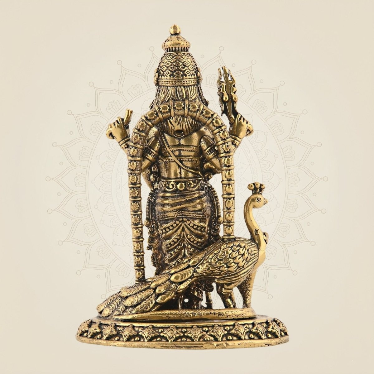 4" Brass Lord Kartikeya with Peacock – Superfine Murugan Standing Idol - Luxeartisanship