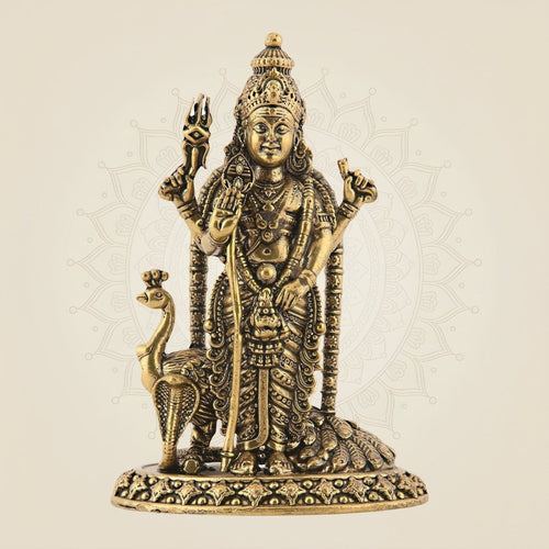 4" Brass Lord Kartikeya with Peacock – Murugan Standing Idol