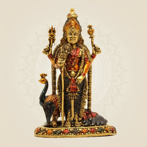 Brass Lord Kartikeya with Peacock Colored Idol