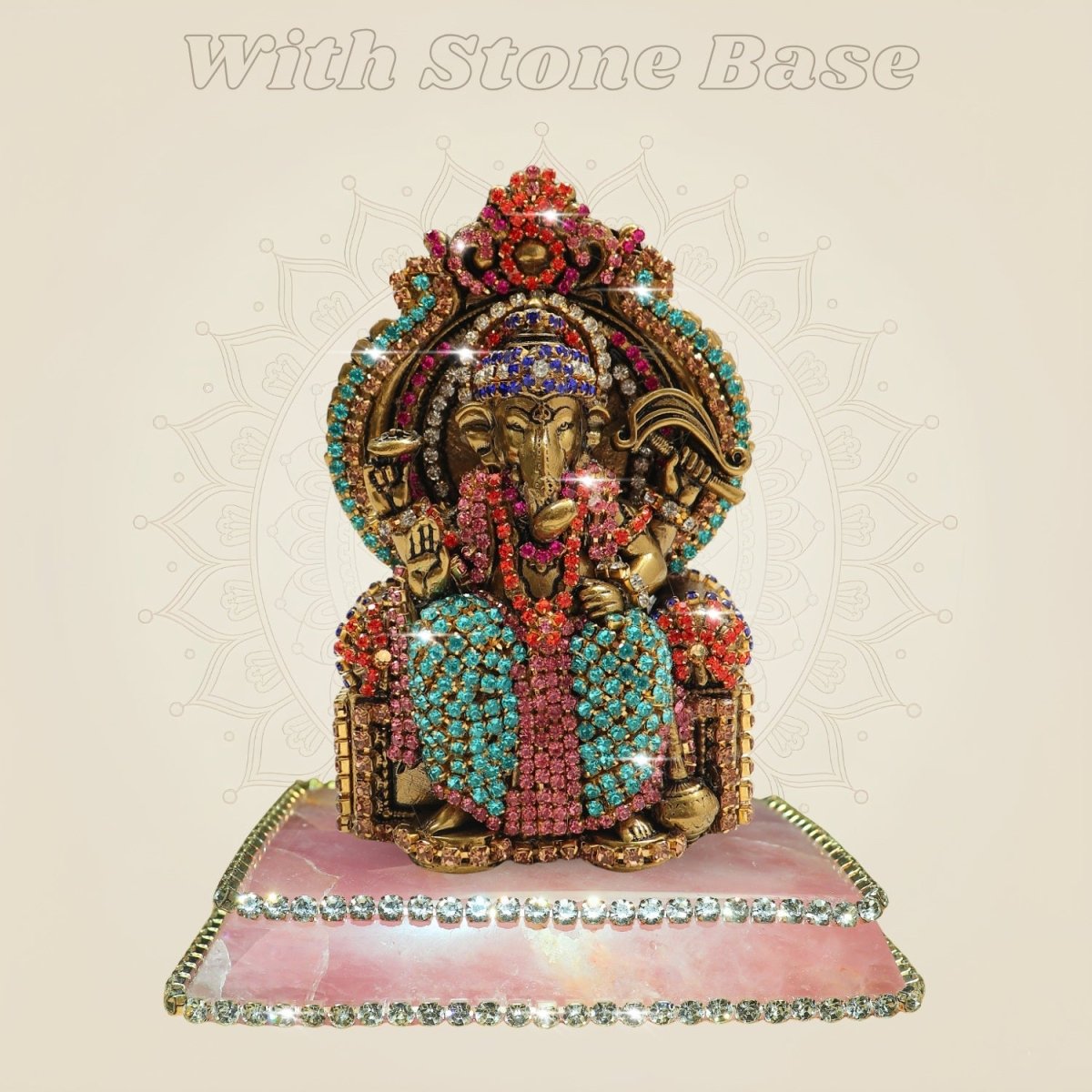 4″ Chaturbhuj Ganesh Brass Idol on Singhasan with Fine Rhinestone Stone Work - Luxeartisanship