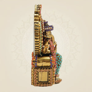 4″ Chaturbhuj Ganesh Brass Idol on Singhasan with Fine Rhinestone Stone Work - Luxeartisanship