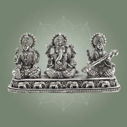 4" Lakshmi Ganesha Saraswati Brass Silver-Plated Idol – Trimurti Set