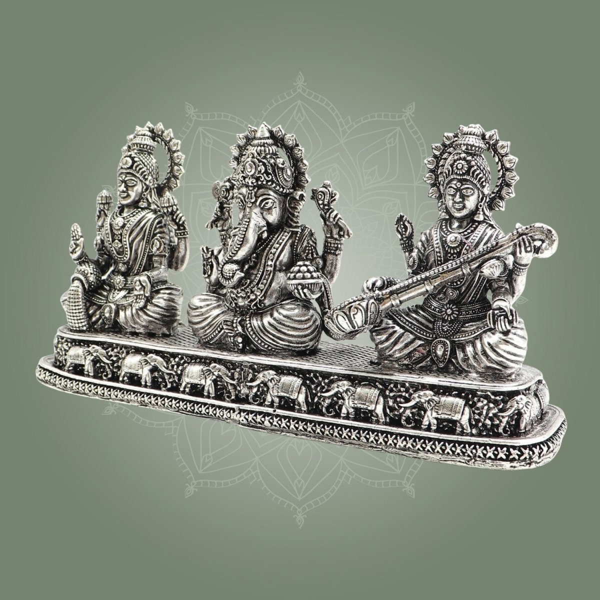 Ganesha Laxmi Saraswati Brass Silver Idol – Trimurti Set - Luxeartisanship