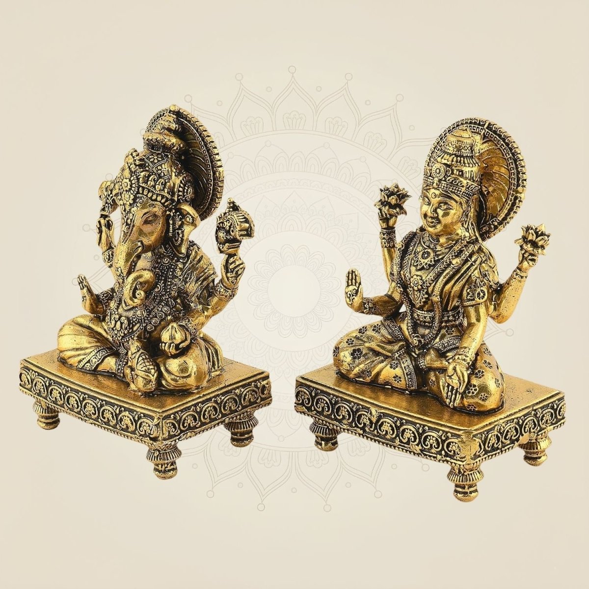 4" Laxmi Ganesh Brass Idol Pair – Handcrafted Platform Statues for Pooja & Gift Decor - Luxeartisanship
