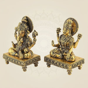 4" Laxmi Ganesh Brass Idol Pair – Handcrafted Platform Statues for Pooja & Gift Decor - Luxeartisanship