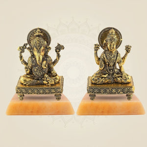 4" Laxmi Ganesh Brass Idol Pair – Handcrafted Platform Statues for Pooja & Gift Decor - Luxeartisanship
