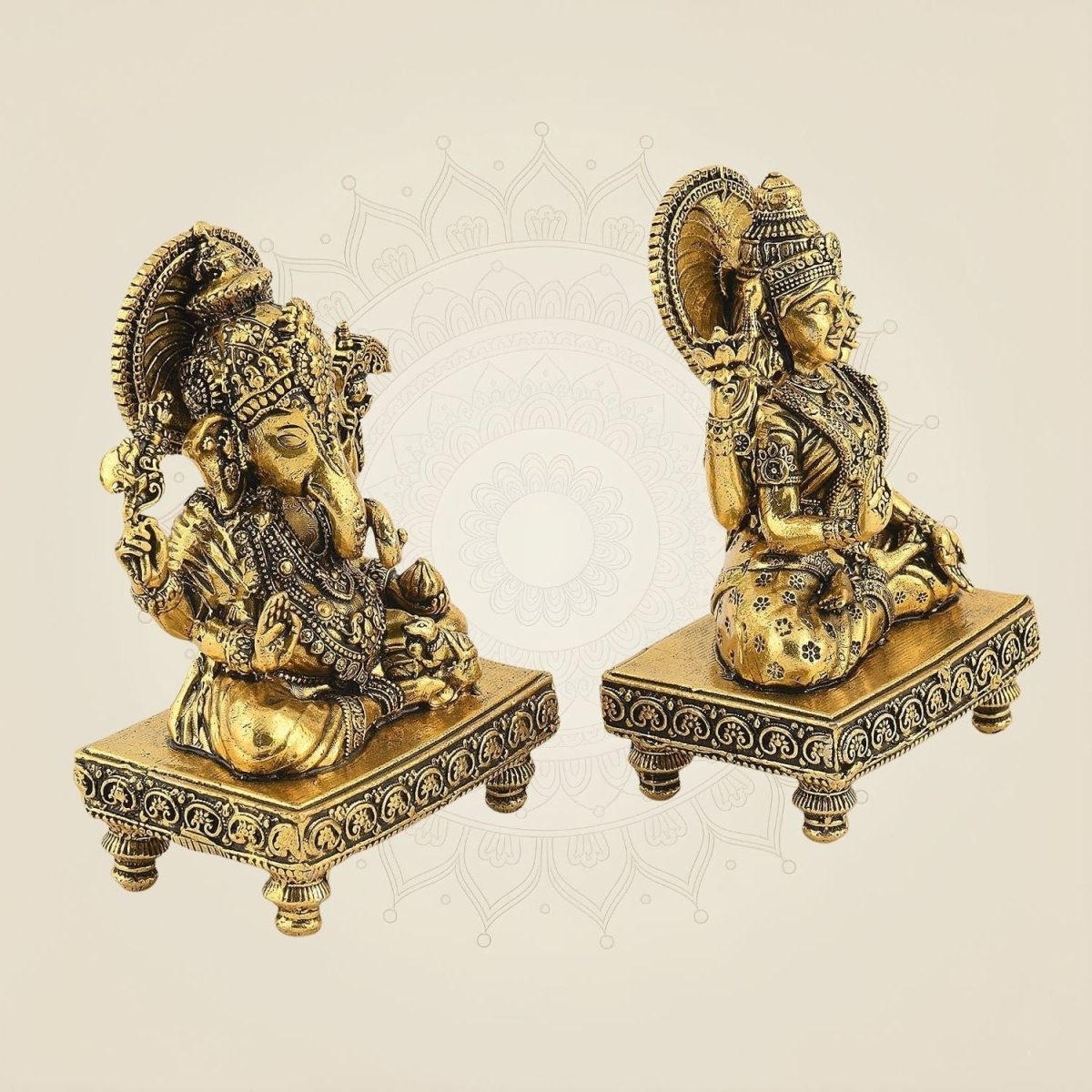 4" Laxmi Ganesh Brass Idol Pair – Handcrafted Platform Statues for Pooja & Gift Decor - Luxeartisanship