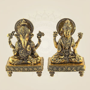 4" Laxmi Ganesh Brass Idol Pair – Handcrafted Platform Statues for Pooja & Gift Decor - Luxeartisanship
