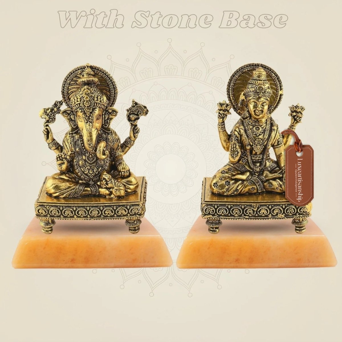 4" Laxmi Ganesh Brass Idol Pair – Handcrafted Platform Statues for Pooja & Gift Decor - Luxeartisanship