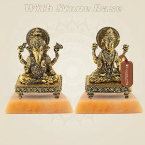 4" Laxmi Ganesh Brass Idol Pair – Handcrafted Platform Statues for Pooja & Gift Decor - Luxeartisanship