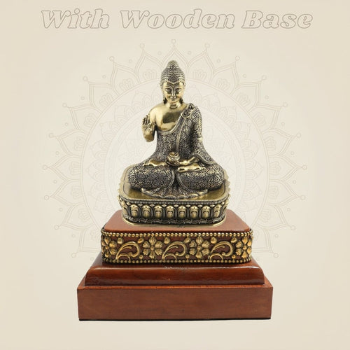 4" Meditating Brass Buddha Statue Composed on a Square Wooden Base