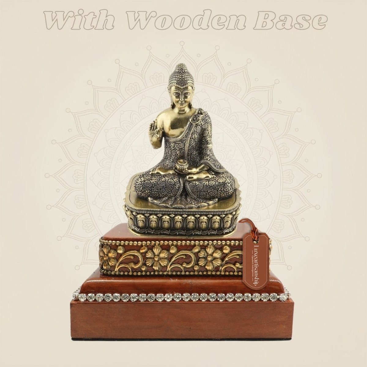 Buddha Brass Statue Composed on a Square Wooden Base
