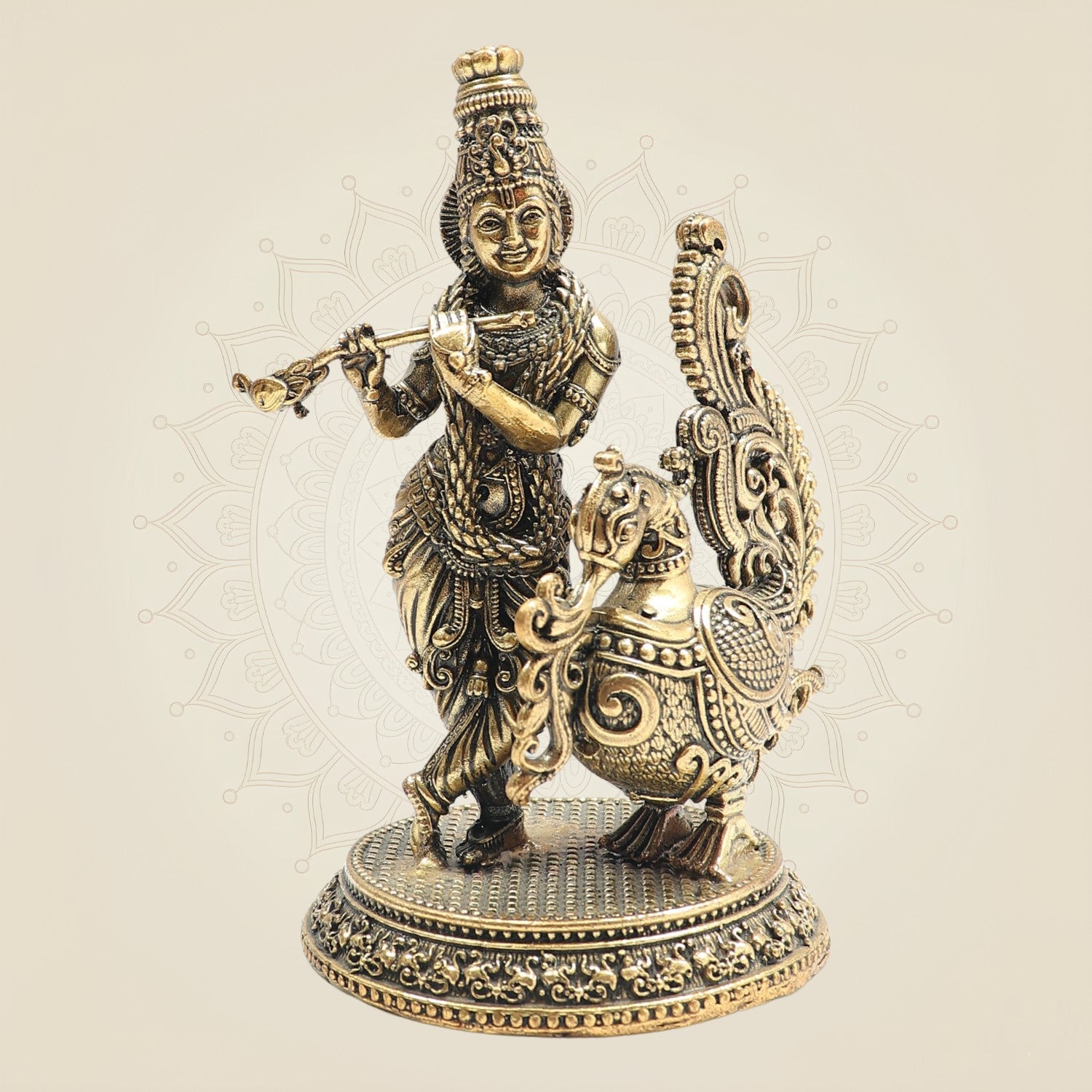 Lord Krishna Brass Idol with Peacock for Home Temple 5"