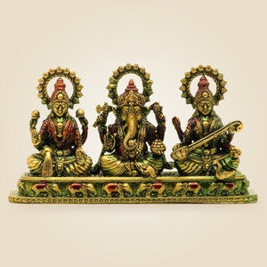 Brass Ganesh Lakshmi Saraswati Idol Set | Divine Hindu God Statue for Pooja & Home Decor 4" - Luxeartisanship