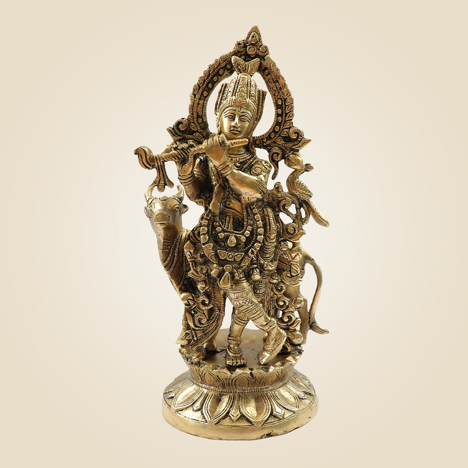 Lord Krishna Brass Idol – Murari Krishna with Cow Handcrafted Murti 12"