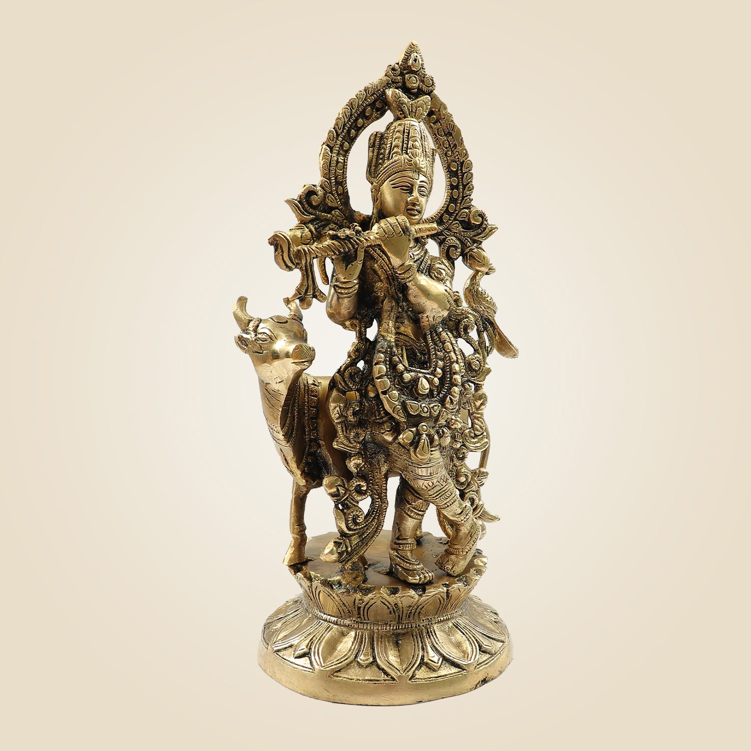 Lord Krishna Brass Idol – Murari Krishna with Cow Handcrafted Murti 12"