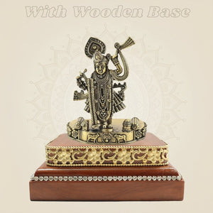4.25 Inch Brass ShreenathJi Idol on Square Wooden Base for Home Temple - Luxeartisanship