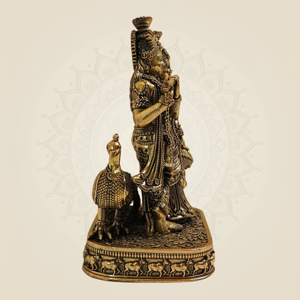 4.25" Superfine Standing Radha Krishna Brass Murti with Peacock - Luxeartisanship